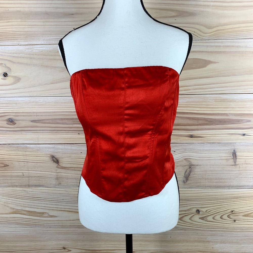 NIA Corset Tube Top Women Large Red Satin Strapless Smocked Back Sexy